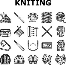 Knitting Wool Thread Knit Craft Icons Set Vector. Textile Fabric, Yarn Handmade, Crochet Sweater, Knitwear Fashion, Warm Cloth Cotton Knitting Wool Thread Knit Craft Black Contour Illustrations