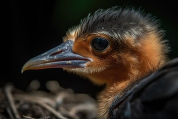 Poster - close-up of a newborn bird's beak, feathers, and eyes, created with generative ai