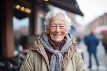 Lifestyle portrait photography of a grinning old woman wearing a lightweight windbreaker against a bustling cafe background. With generative AI technology