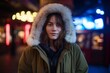 Photography in the style of pensive portraiture of a joyful girl in her 30s wearing a durable parka against a lively comedy club background. With generative AI technology
