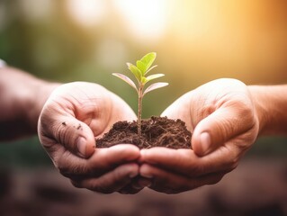 Close up small plants with black soil on two hand. Earth day and Ecology concept. AI generative