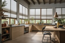 a sunny kitchen, with automated blinds and shades filtering the light and providing privacy, created with generative ai