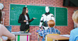 © ihorvsn - Caucasian female teacher with tablet in hands presenting humanoid robot to attentive pupils at classroom. Interactive lesson at modern school.