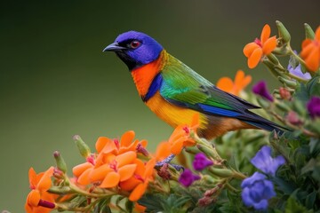 Wall Mural - close-up of colorful bird perched on flower, created with generative ai