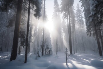 Wall Mural - snow-covered forest, blanketed in wintry fog, with sunlight breaking through the clouds, created with generative ai