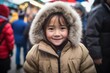 Medium shot portrait photography of a grinning kid female wearing a warm parka against a bustling outdoor bazaar background. With generative AI technology