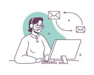 Poster - Millennial call center agent wearing headset talk working on pc on helpline in shared office, exchanging email letters. Operator consult clients on customer service call helpdesk, thin line