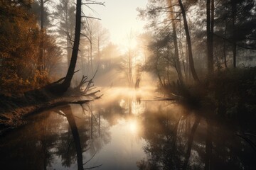 Wall Mural - forest with misty morning sunrise, with reflection on the water, created with generative ai