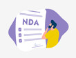 NDA - Non-Disclosure Agreement illustration. Confidentiality contract between employee and employer. Protect proprietary information. Privacy and confidentiality agreement document with signature