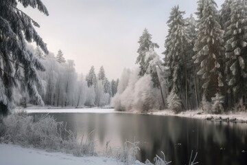 Wall Mural - winter scene, with the frozen and peaceful lake surrounded by snow-covered trees, created with generative ai