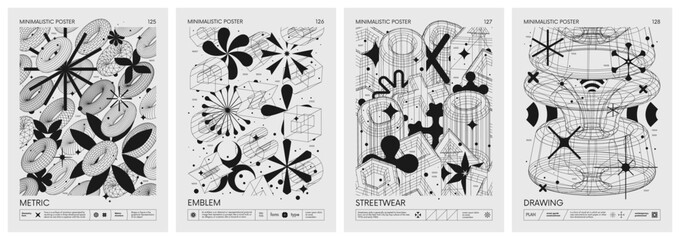 Futuristic retro vector minimalistic Posters with 3d strange wireframes form graphic of geometrical shapes modern design inspired by brutalism and silhouette basic figures, set 32