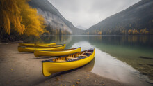 Yellow Canoes Parked On The Lake Shore