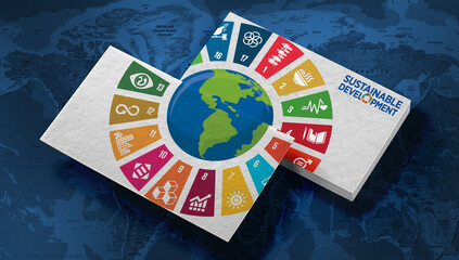Wall Mural - Sustainable Development 17 goals card, icon, Wheel and world map in background. Corporate social responsibility. Sustainable Development for a better world. 3D rendering.
