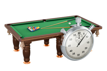 Poster - Billiard table with balls and cue with stopwatch, 3D rendering