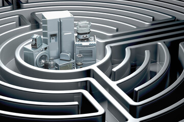 Poster - kitchen and home appliance inside dark labyrinth, 3d rendering