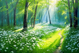 Fototapeta Natura - Sunshine on trees in a forest, flowers and nature motifs, naturalistic landscape backgrounds. Generative Ai Illustration.