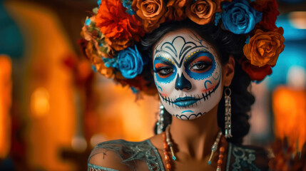 Wall Mural - Portrait of a woman wearing beautiful Day of the Dead costumes and skull makeup. Generative AI