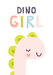 Wall Mural - dino girly print with text. poster with cute pink dinosaur. scandinavian print with baby dino girl a
