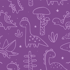 Wall Mural - Outline doodle jurassic pattern with cute dino. Seamless purple vector print with dinosaurs for baby fabric.