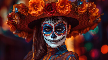 Portrait of a woman wearing beautiful Day of the Dead costumes and skull makeup. Generative AI