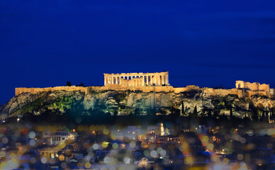 Wall Mural - The Acropolis of Athens, Greece, with the Parthenon Temple on top of the hill in the night