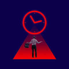 Wall Mural - businessman, employee standing near gian neon clock icon symbolizing project deadlines and time mana