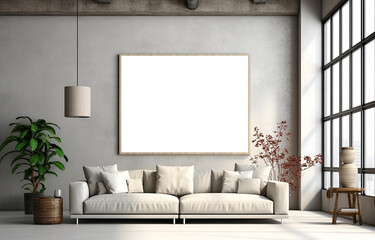 Blank wooden picture frame mockup on wall in modern interior. Horizontal artwork template mock up for artwork, painting, photo or poster in interior design, AI generated art