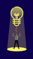 Wall Mural - generation of innovative ideas. businessman with neon colored light bulb over head. brainstorming an