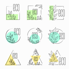 Poster - Vector ecology illustration, logo with hand drawn leaves, geometric yellow, turquoise, green elements, linear shapes.