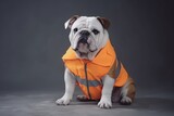 Fototapeta  - a dog of the English bulldog breed in a protective helmet and an orange vest. the dog is a builder. generative ai