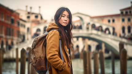 Wall Mural - A woman with a backpack standing in front of a bridge. Generative AI. Tourist in city of Venice on a street.