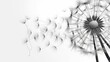 Minimalistischer Hintergrund mit einer zarten, schwarzen Löwenzahnblüte auf weißem Hintergrund mit fliegenden Samen, Generative AI
