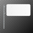 Realistic white road sign hanging on side metal pole. Rectangular blank highway empty board with place for text. Directional wayfinder, signpost symbol. Mockup for your design. Vector illustration