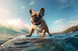 Image of a French bulldog surfing on a pink surfboard at the beach on a sunny day.