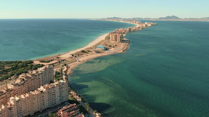 Poster - Aerial picturesque panoramic drone point of view La Manga del Mar Menor townscape and seaside spit of turquoise Mediterranean Sea. Murcia, Spain. Travel and holidays concept