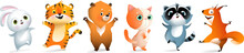 Cute Happy Animals Funny Party Collection For Kids. Tiger, Bear And Cat, Funny Raccoon And Squirrel. Holiday Dancing And Laughing. Vector Clipart Bundle For Children With Cute Animals.