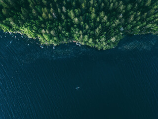 Wall Mural - Aerial view fishing boat in blue lake and green woods in Finland