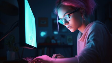 Graphic Designer Female Caucasian Young Adult Working on a computer at a desk in Indoor. Generative AI AIG22.