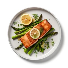 Wall Mural - Delicious Plate of Grilled Salmon and Asparagus on a White Background Generative AI