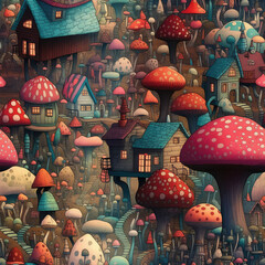 Mushroom houses fantasy gnome village seamless repeat pattern colorful cartoon [Generative AI]
