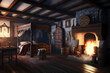 Fantasy interior of a medieval bedroom with traditional decorations and a cozy fireplace . 3d rendering