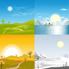 Wall Mural - four seasons landscape,Winter, Spring, Summer and Autumn or Fall,Vector illustration panoramic banner of all Seasons Nature with Mountain, Forest,Tree,Park and Sea beach Holiday background