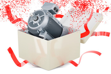 Wall Mural - Industrial electric motor inside gift box, 3D rendering