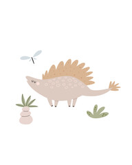 Wall Mural - Funny illustration with dinosaur in a simple hand drawn style