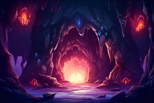 Cartoon Magic Stone Cave Entrance. Dark Rock Tunnel With Luminous Crystals. Underground Abandoned Rocky Cave. Entrance To Tunnel In Mountain. Artificial Intelligence Generated