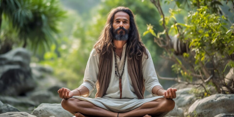 India Rishikesh, outside near Gange river, a man siddha yoga teacher with long hair, sitting in meditation asana. AI Generative