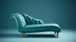 Blaugrüne Leder Chaiselongue mit verzierten Möbelfüßen im Vintage Stil vor blauem Hintergrund, Generative AI