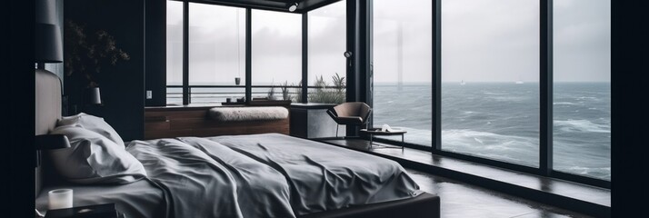 Wall Mural - A bedroom with a view of the ocean. Generative AI image.