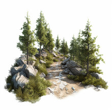 3D Rendering Piece Of Wild Land With Trees And Dirt Road, Car And Tracking Background. Isometric Nature Land Background, Generative Ai.