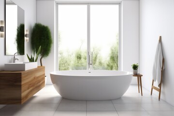 Wall Mural - interior white architecture house bathtub luxury modern wood home relaxation bathroom. Generative AI.